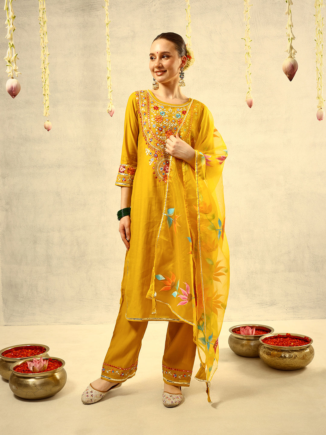 Mustard Mirror & Thread Embroidered  Festive Kurta with Trouser & hand painted Dupatta