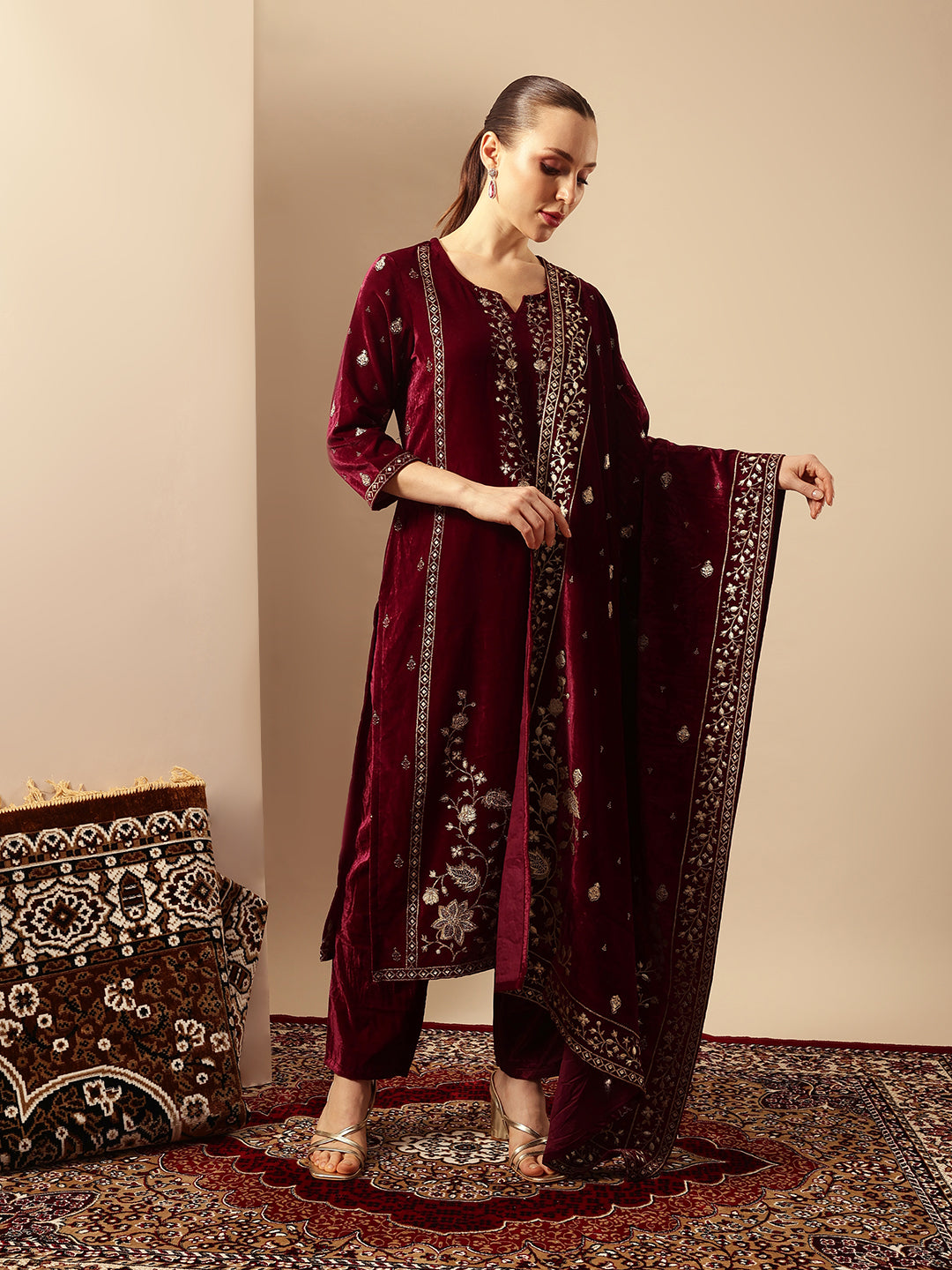 Rich Wine Velvet Gold Print Straight Kurta sets with dupatta