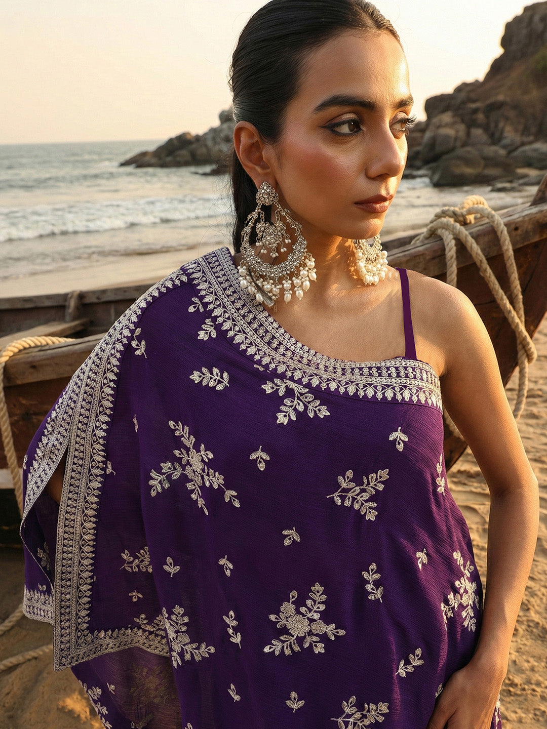 Rich Chinon Embroidered Purple Embroidered A Line Co-Ords Sharara Bottom