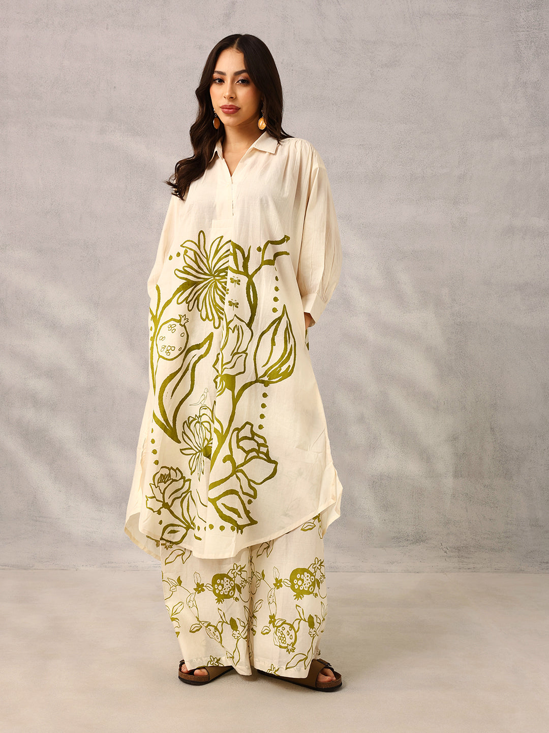 Ishin Off White  & Olive Relaxed Workwear Printed Kurta with Palazzo