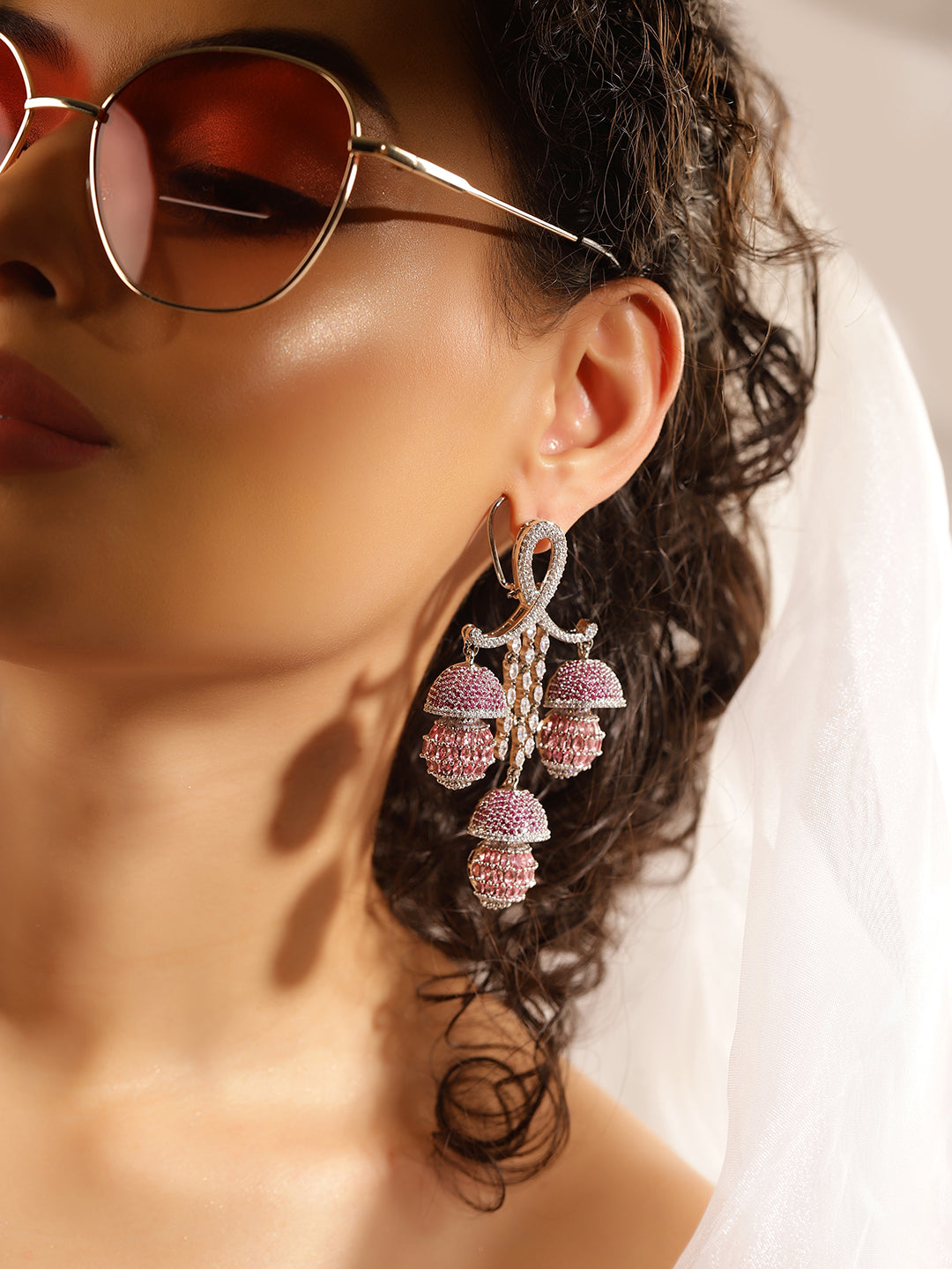 Pink Colour Silver Plated AD Drop Earring