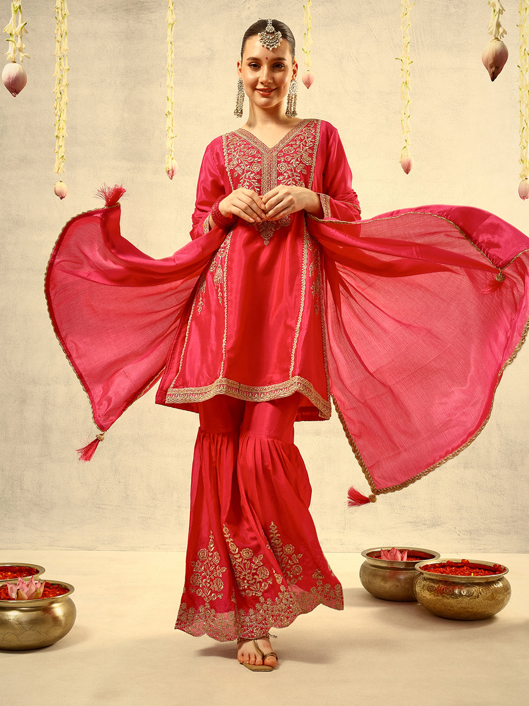 Ishin Pink Cording & Zari Embroidered  Festive Kurta with Sharara & Embellished Dupatta