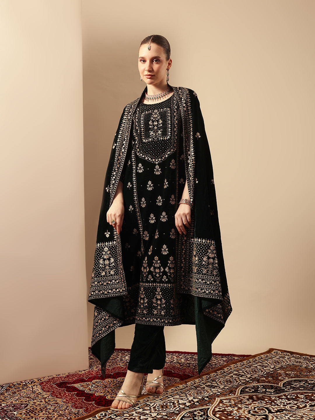 Rich Green Velvet Gold Print Straight Kurta sets with dupatta