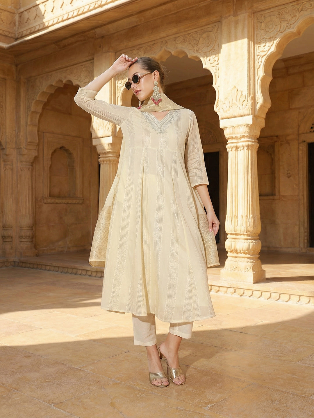 Rich Off white Embroidered A- Line Kurta sets