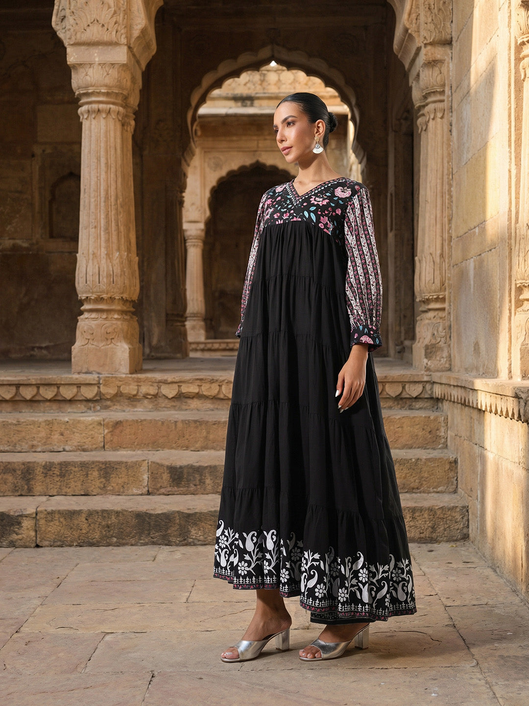 Graceful Black Cotton Floral Printed Tiered fit Gown