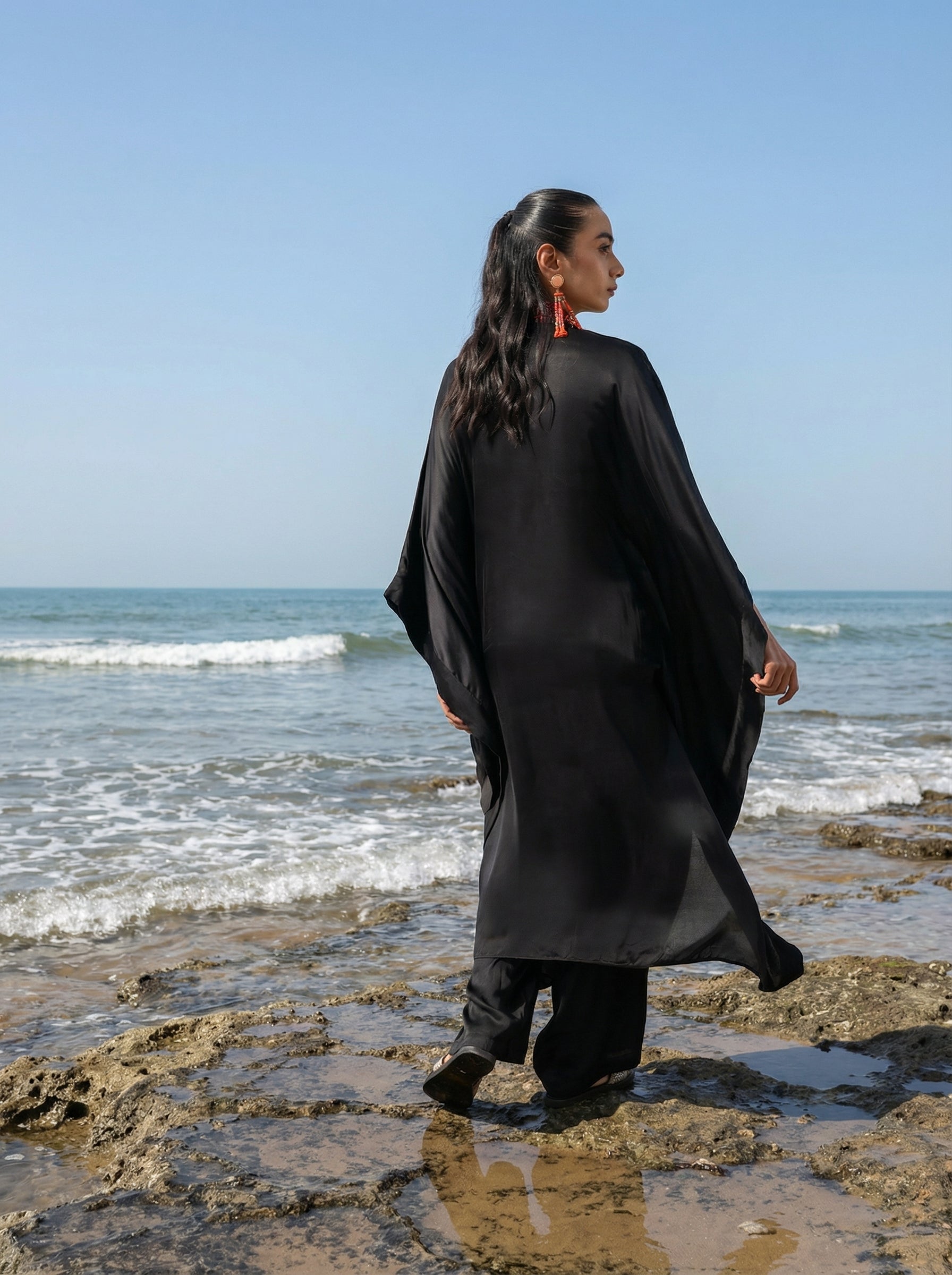 Rich Black Embroidered  Drape Kaftan set