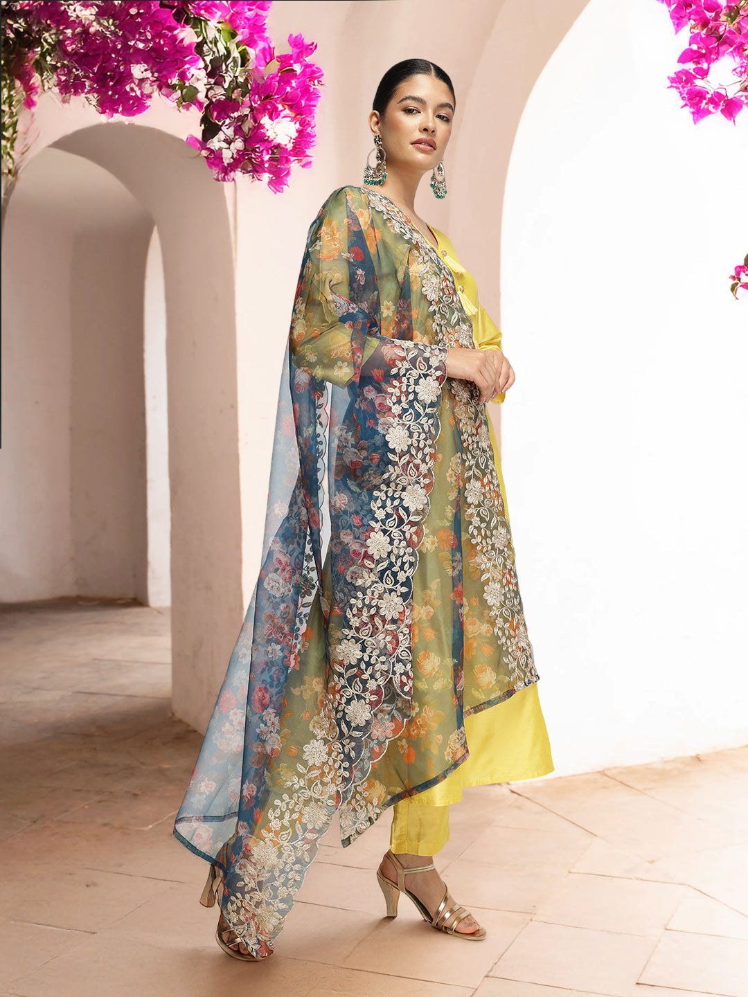 Graceful  Yellow  Poly Silk Zari Embroidered A-line Kurta Set with statement dupatta