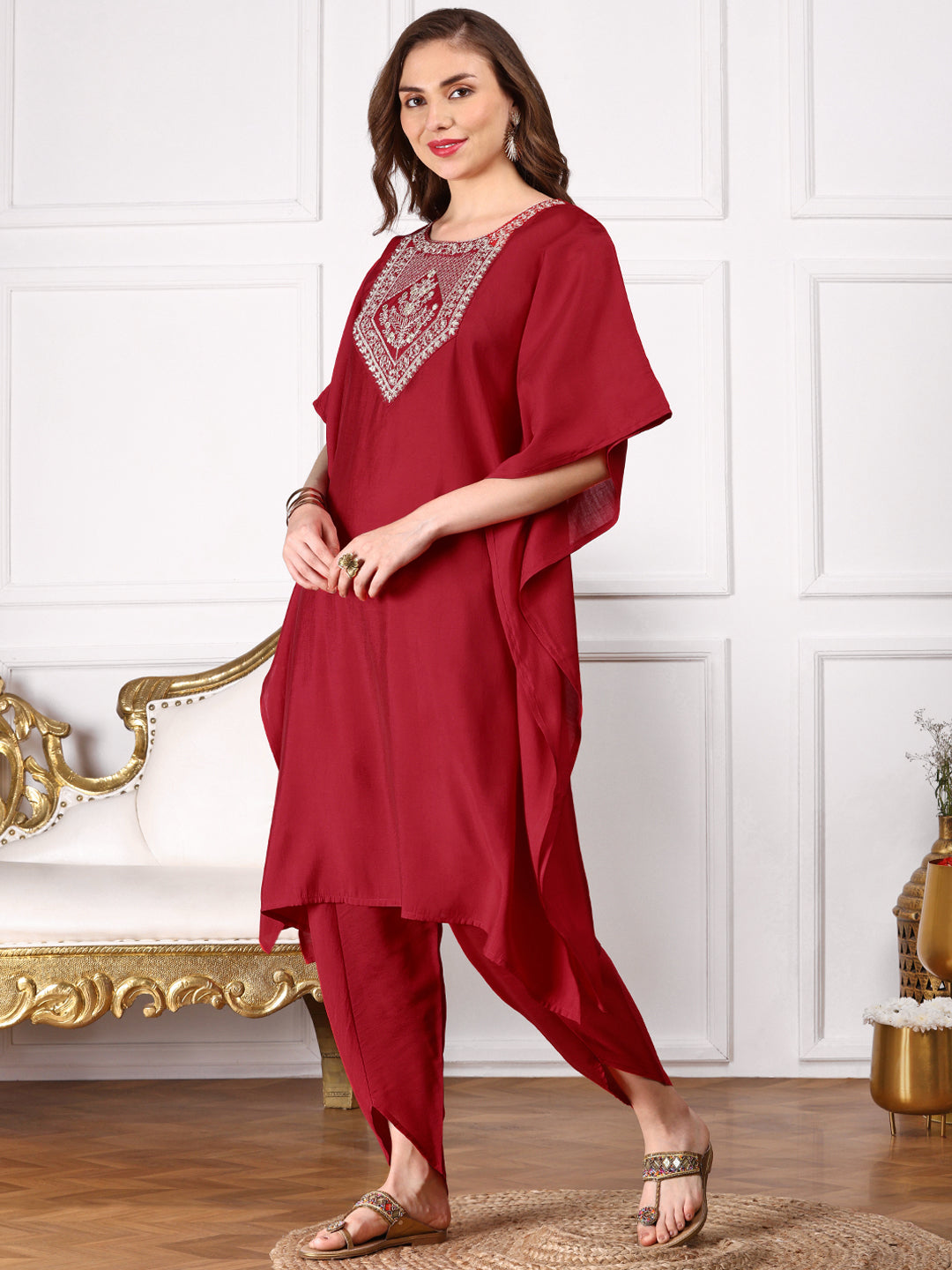 Graceful Red polyester zari embroidered Kaftan kurta set