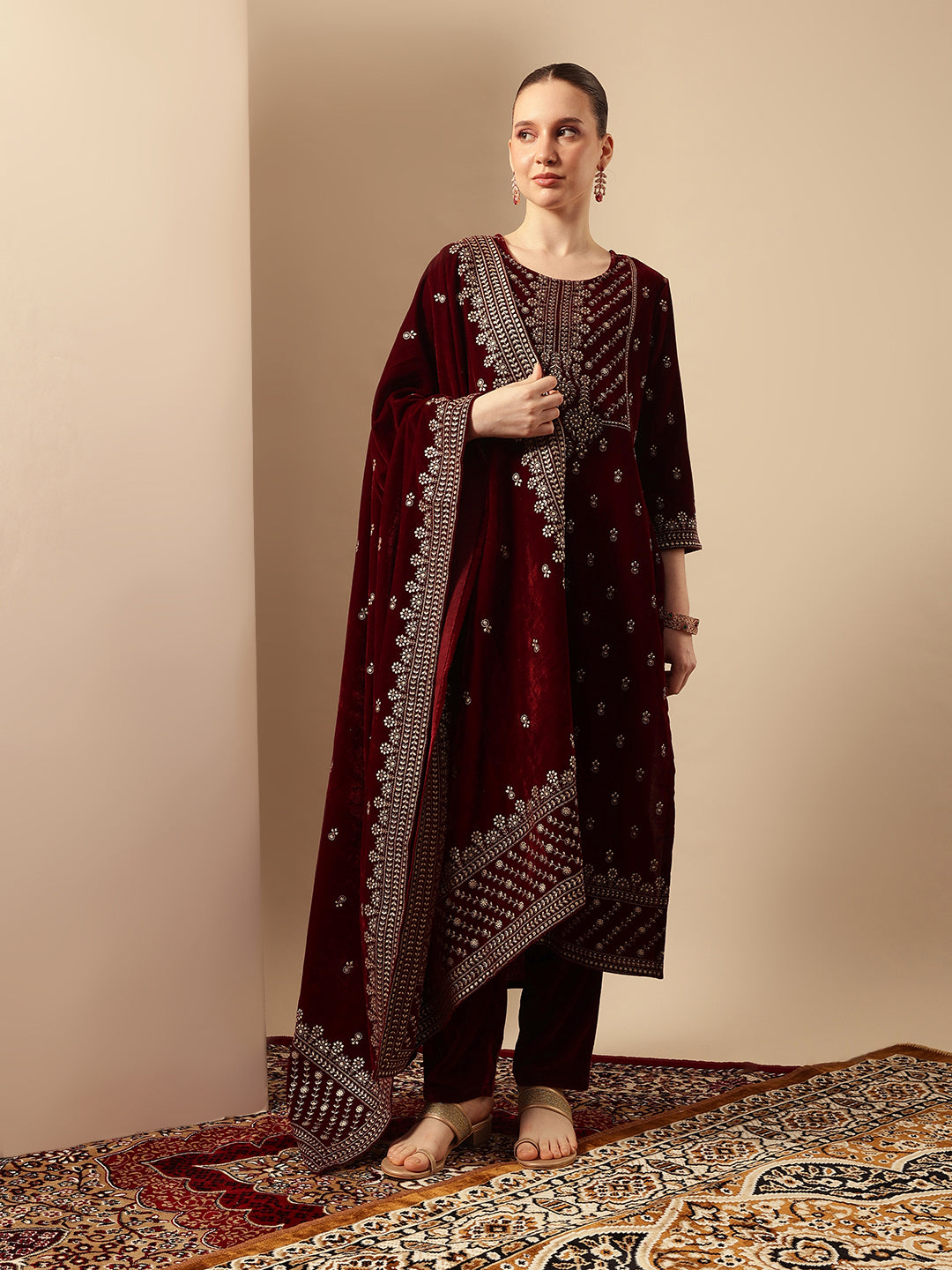 Rich Maroon Velvet Gold Print Straight Kurta sets with dupatta