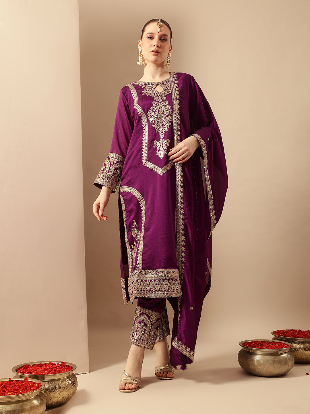 Rich Purple Embroidered Kurta set with organza dupatta