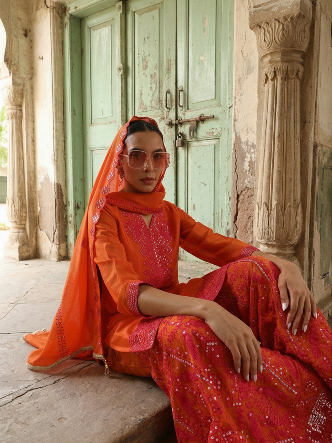 Rich Orange Embroidered  kurta set