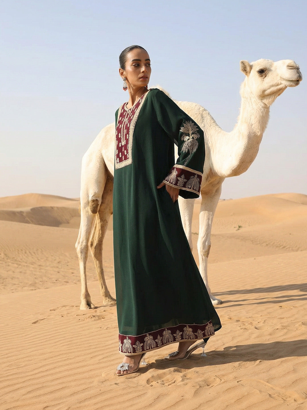 Rich Embroidered Woven Green Abaya