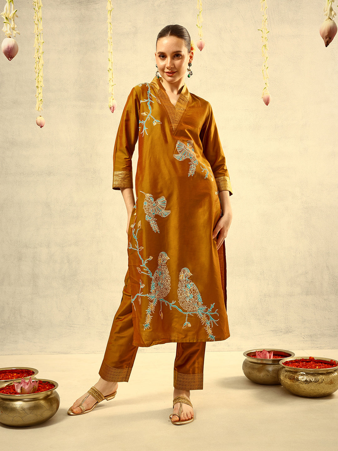 Ishin Olive Gold Foil Print Kurta with Shawl Collar & Trouser