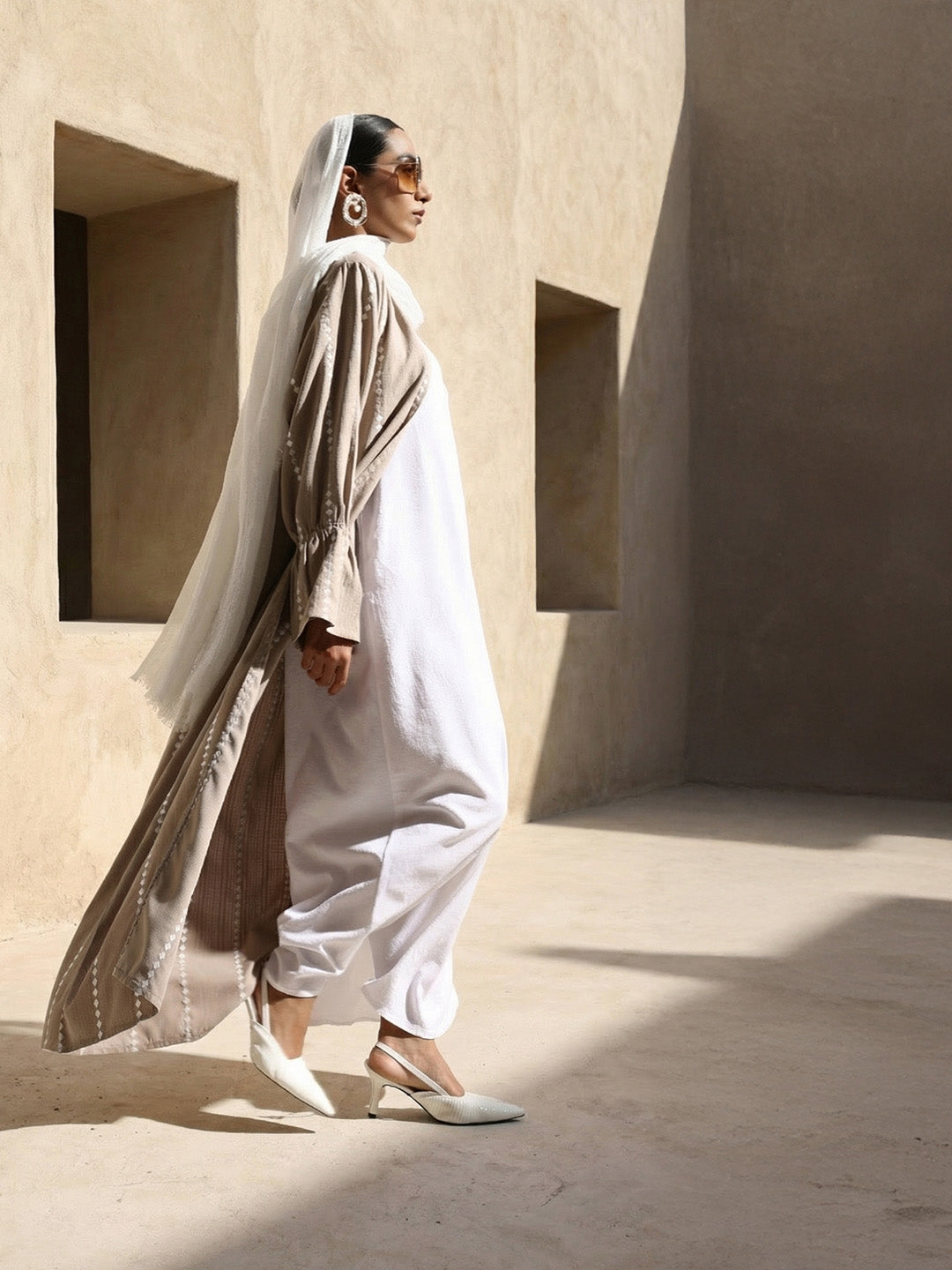 Rich Beige Relaxed Abaya with Hijab in Crinckle Cotton