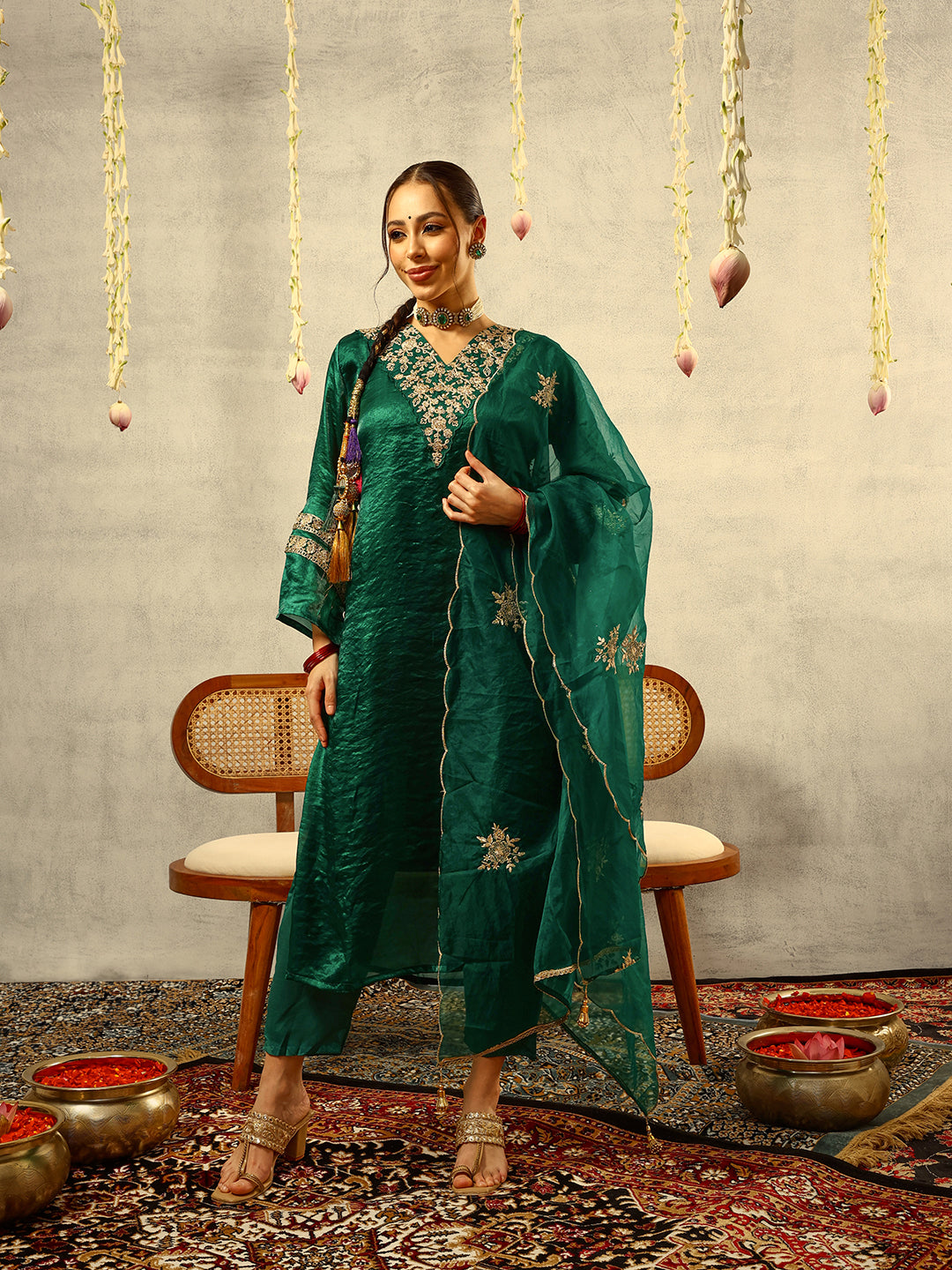 Green Cording & Zari Embroidered  Festive Kurta with Trouser & Embellished Organza Dupatta