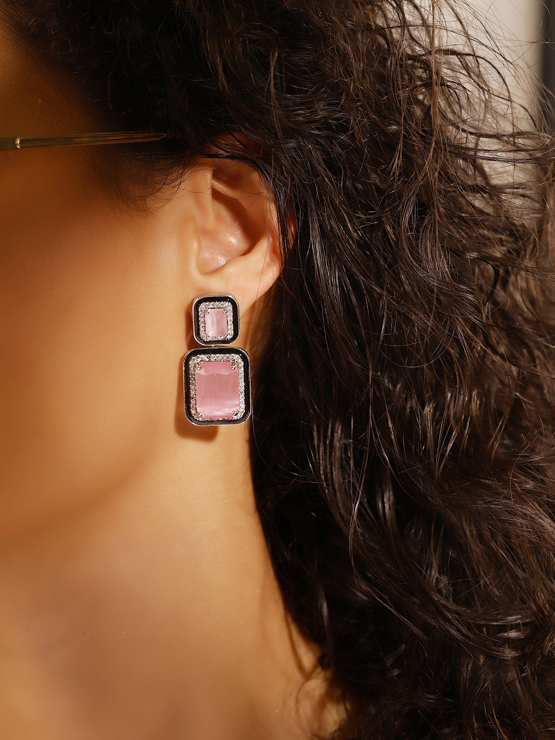 Pink Colour Silver Plated AD Drop Earring