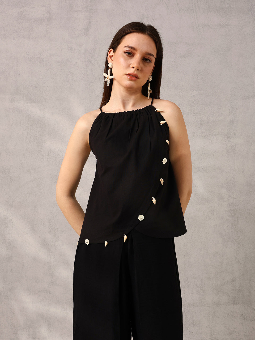 Ishin Black Layered Top with Shells Embellishment