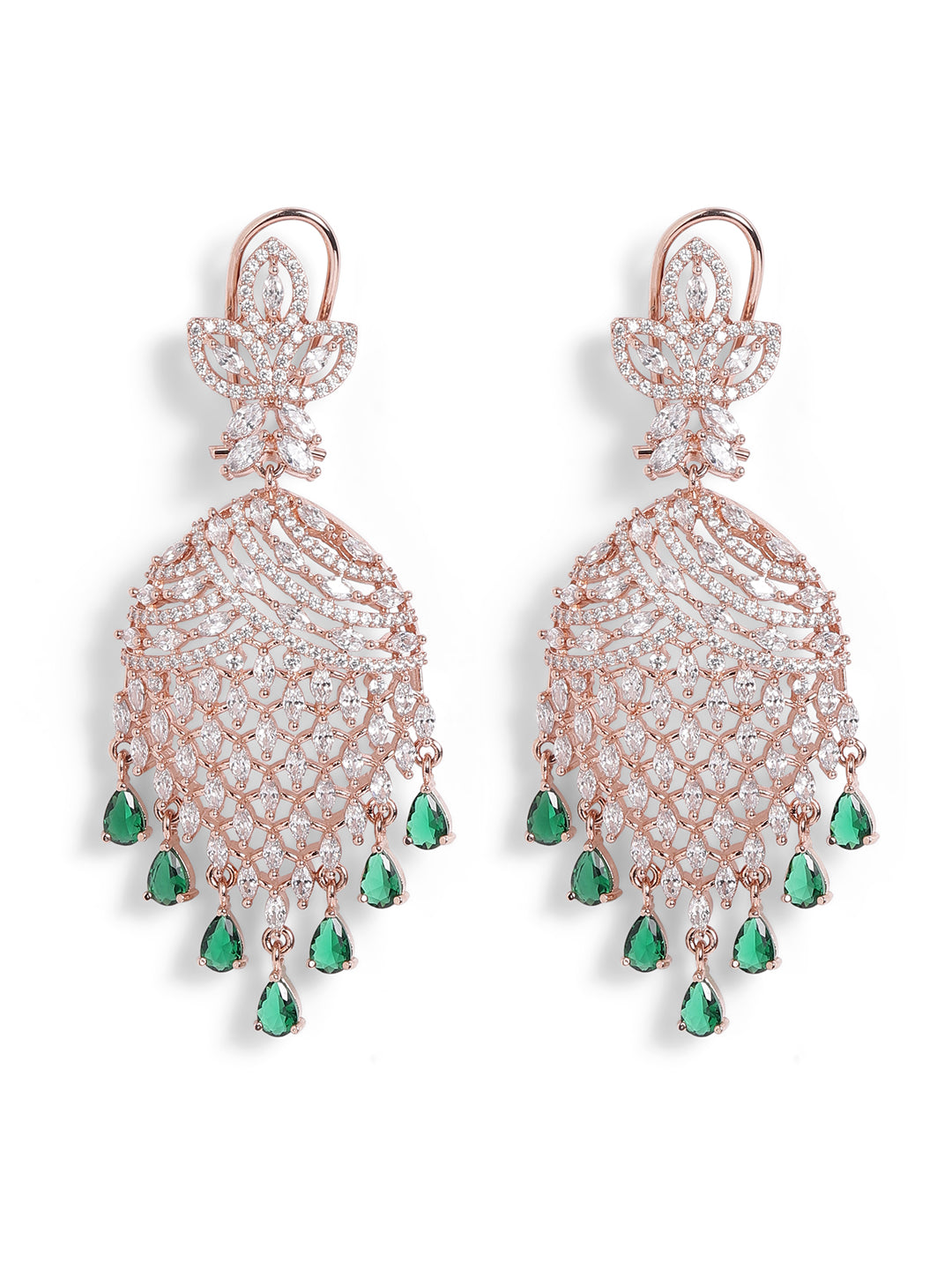 Green Colour Rose Gold Plated AD Drop Earring