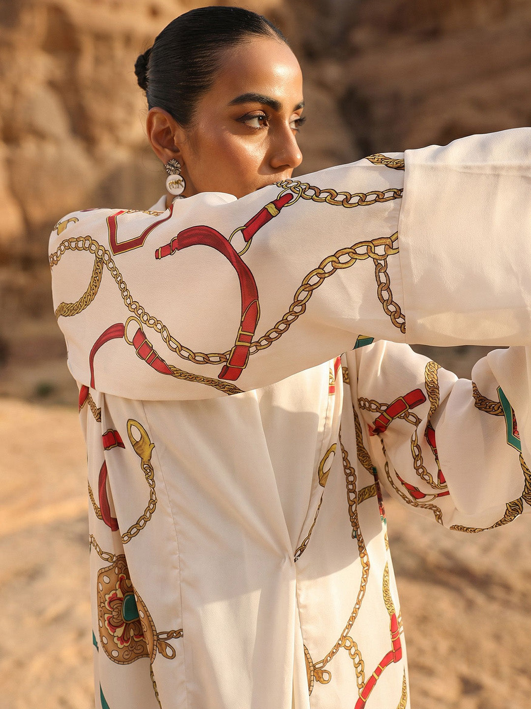 Rich Printed Woven Longline Offwhite Abaya with Hijab