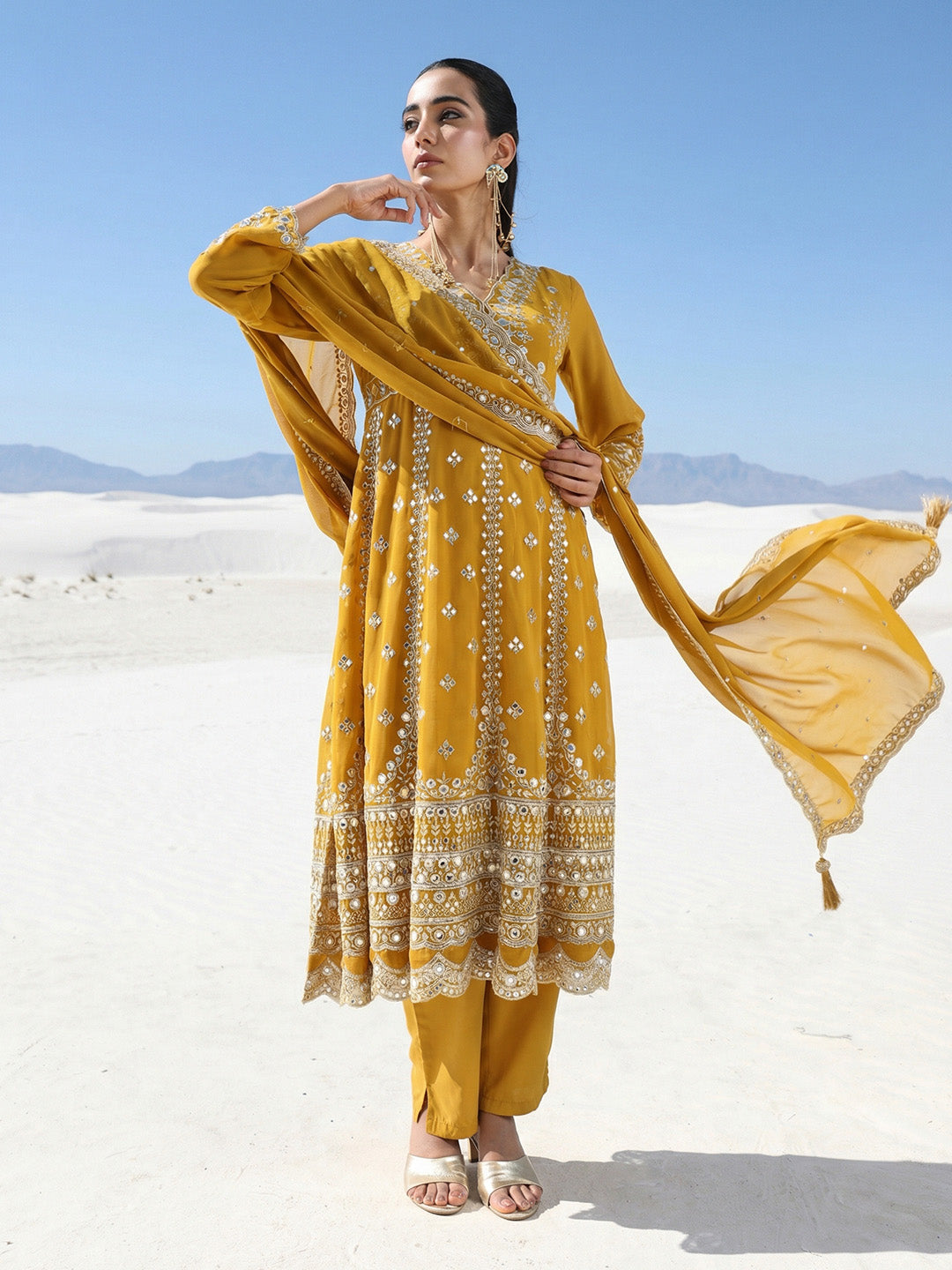 Rich Mustard Embroidered Anarkali Kurta sets