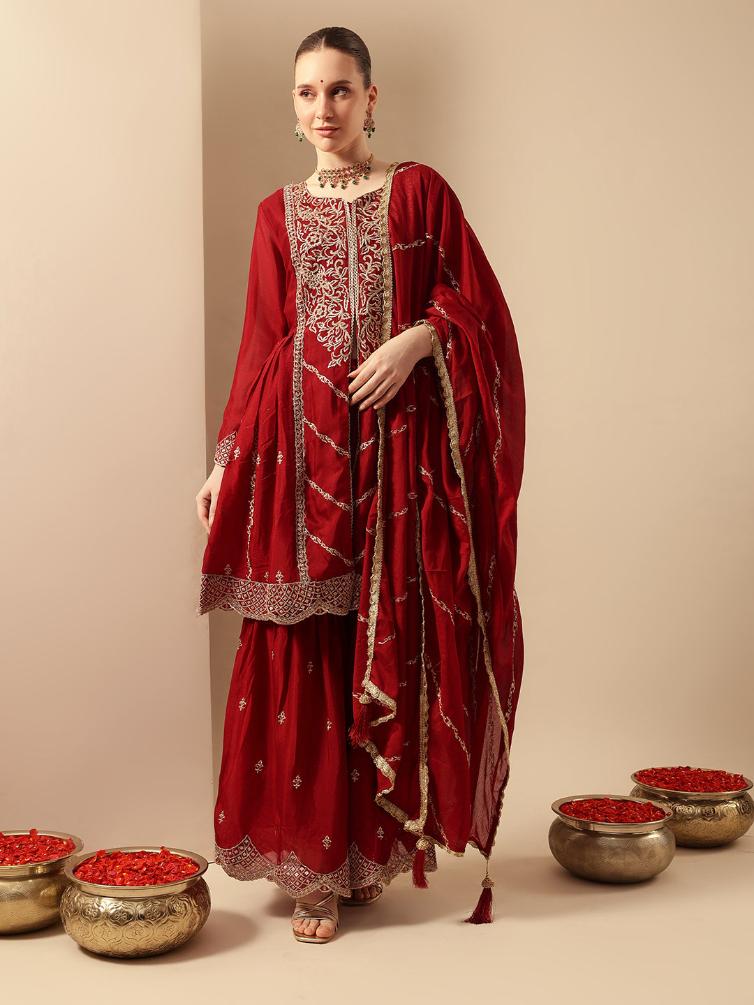 Rich Red Embroidered Kurta and sharara set