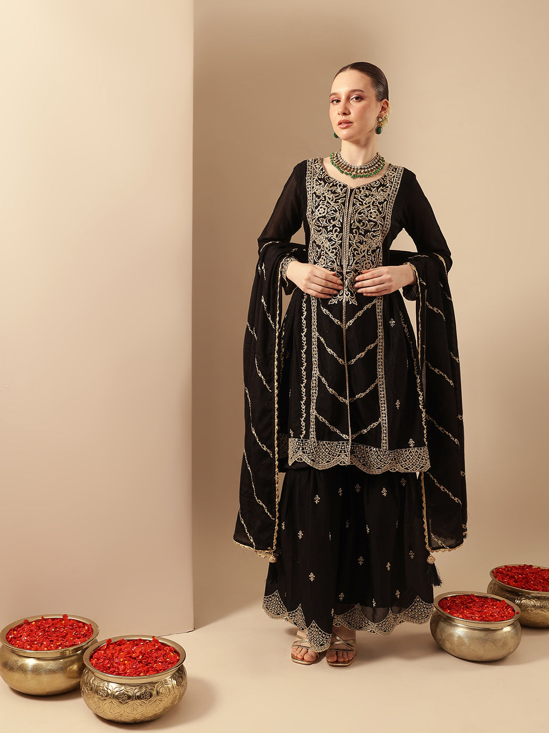 Rich Black Embroidered Kurta and sharara set with chinon dupatta