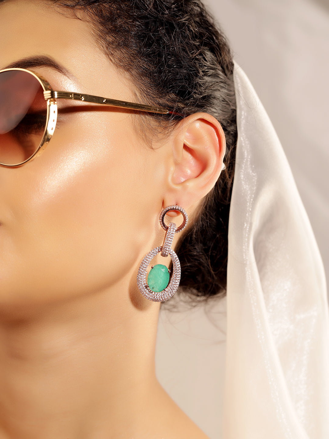 Green Colour Rose Gold Plated AD Jewellery Set