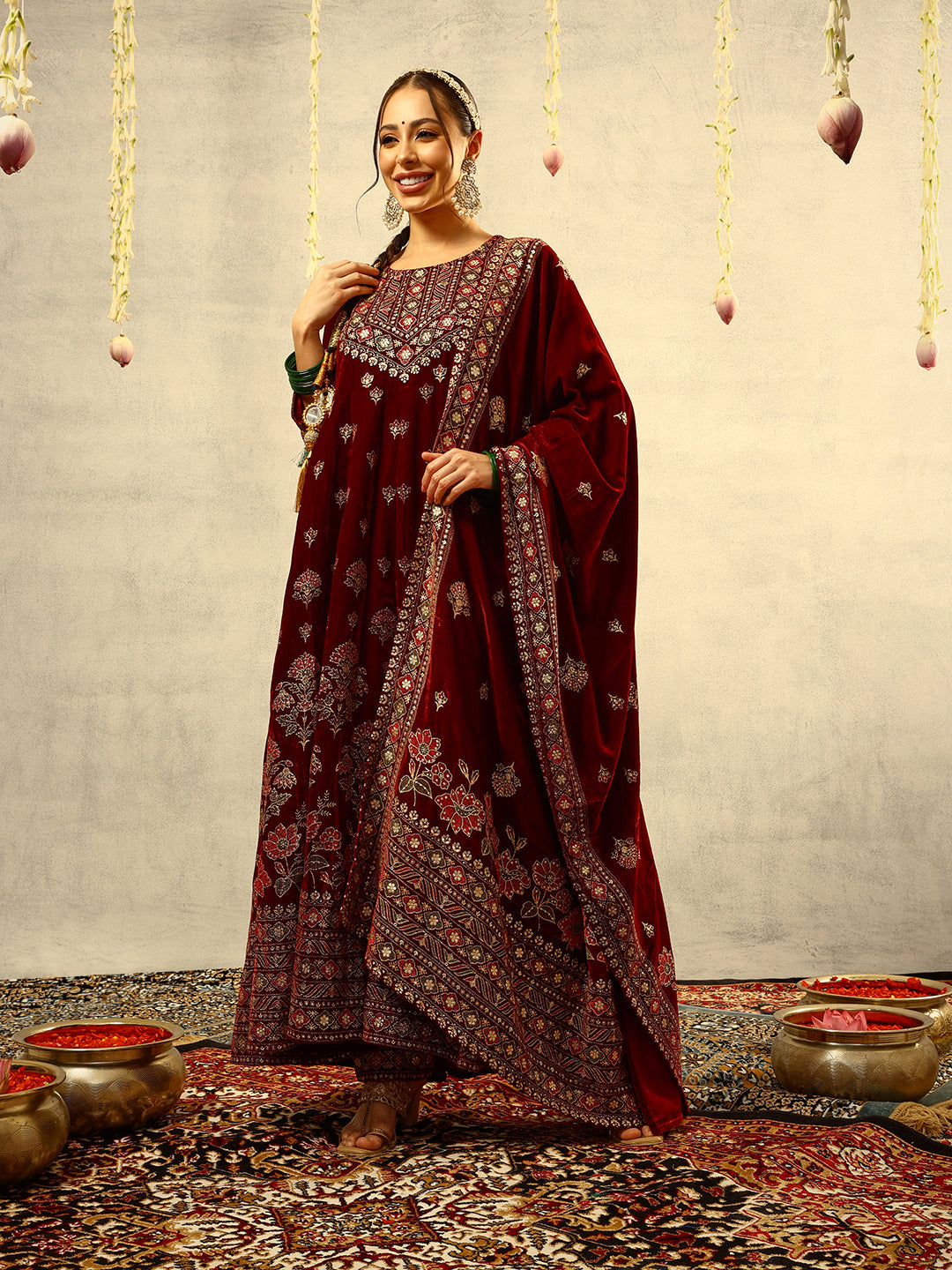 Ishin Maroon Gold Printed Anarkali Festive Kurta with Trouser & Velvet Dupatta