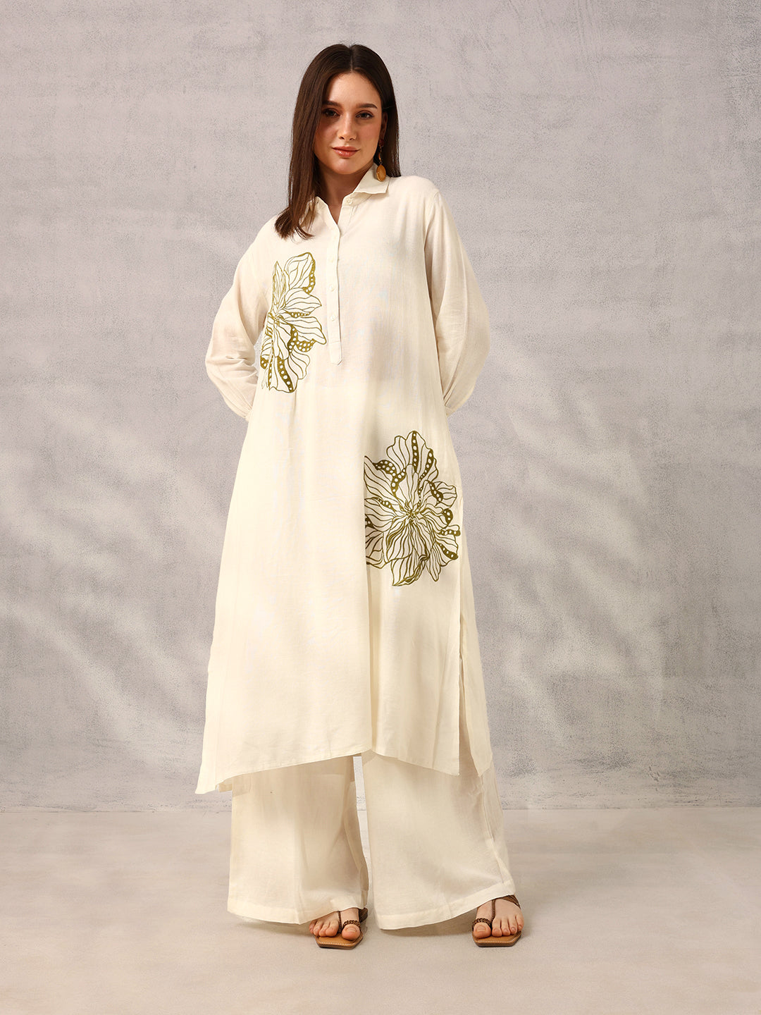 Ishin Off White Smart Workwear Embroidered Kurta with Palazzo
