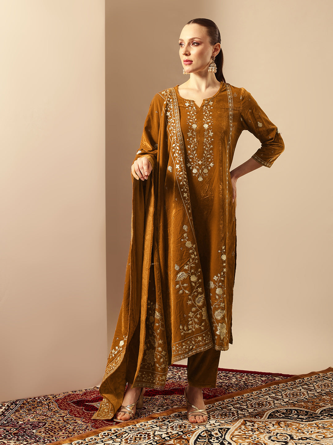 Rich Gold Velvet Gold Print Straight Kurta sets with dupatta