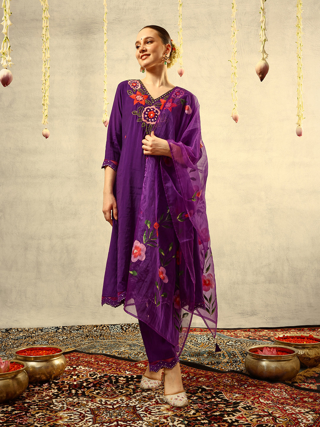 Ishin Purple Mirror & Thread Embroidered  Festive Kurta with Trouser & Hand Painted Dupatta