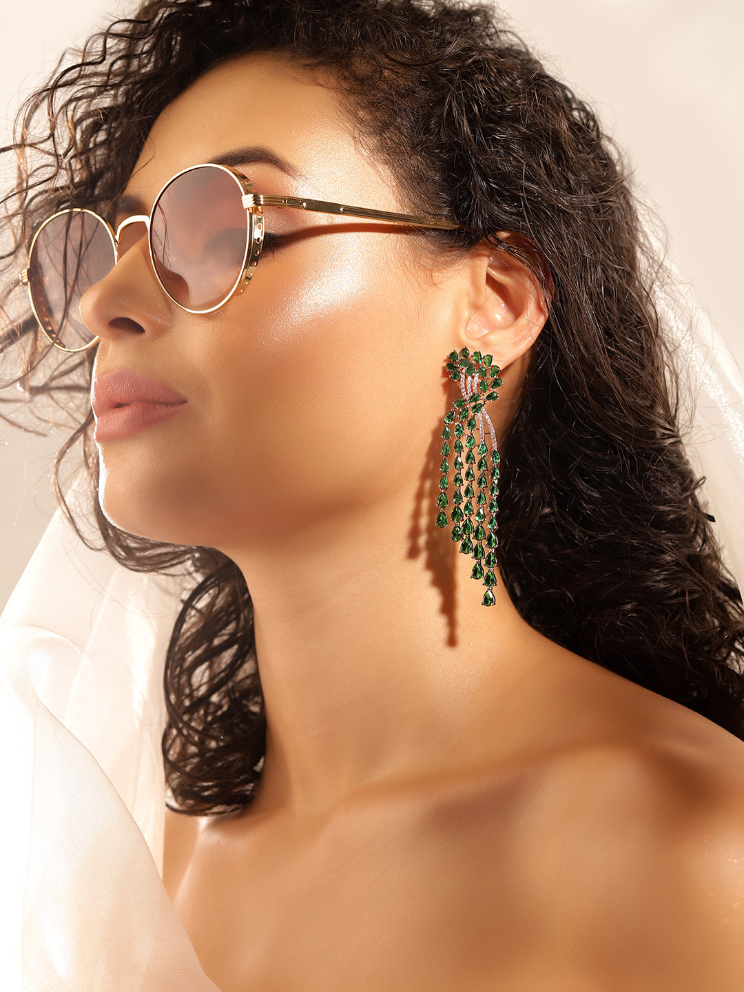 Green Colour Gold Plated AD Drop Earring