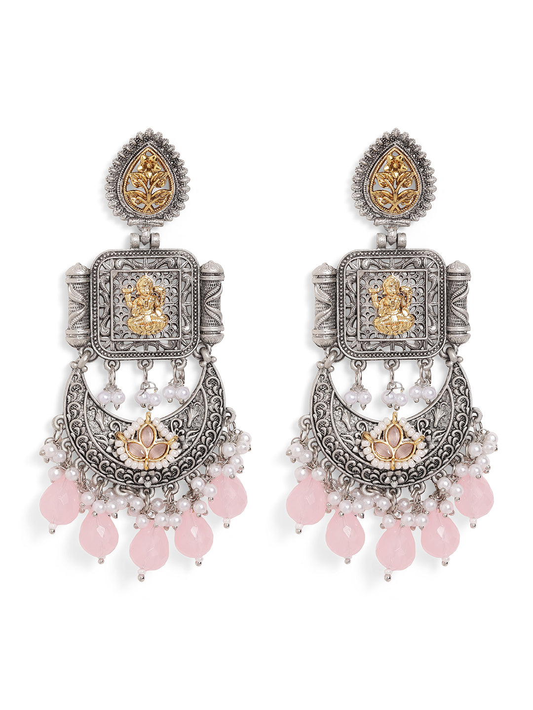Pink Colour Silver Plated Pearl Chandbali Earring