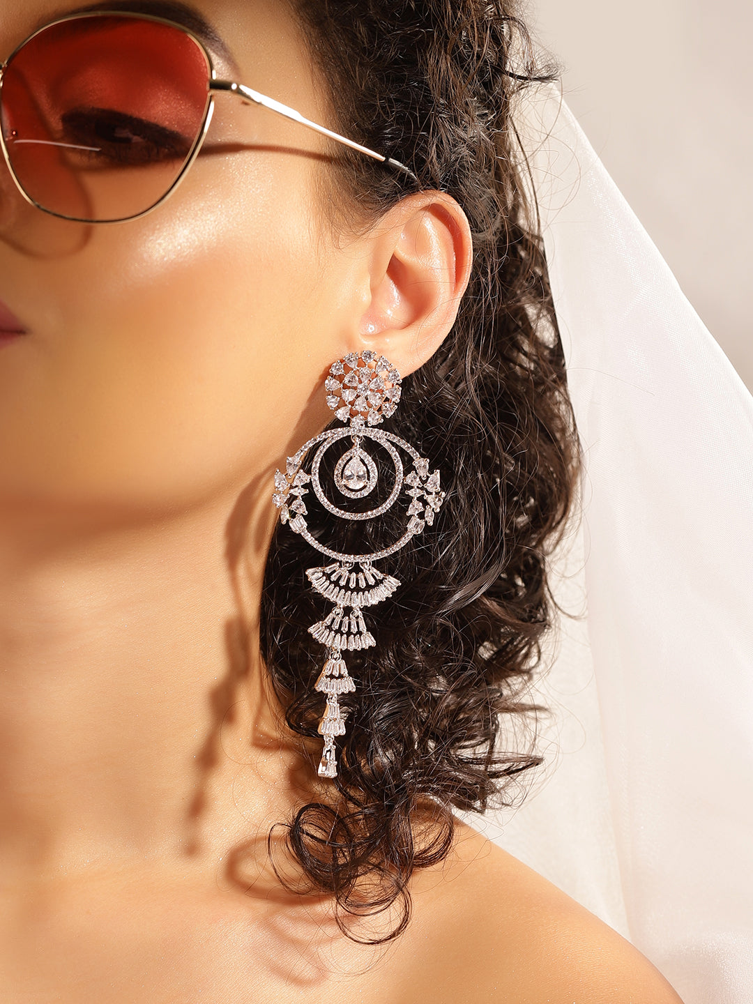White Colour Silver Plated AD Drop Earring