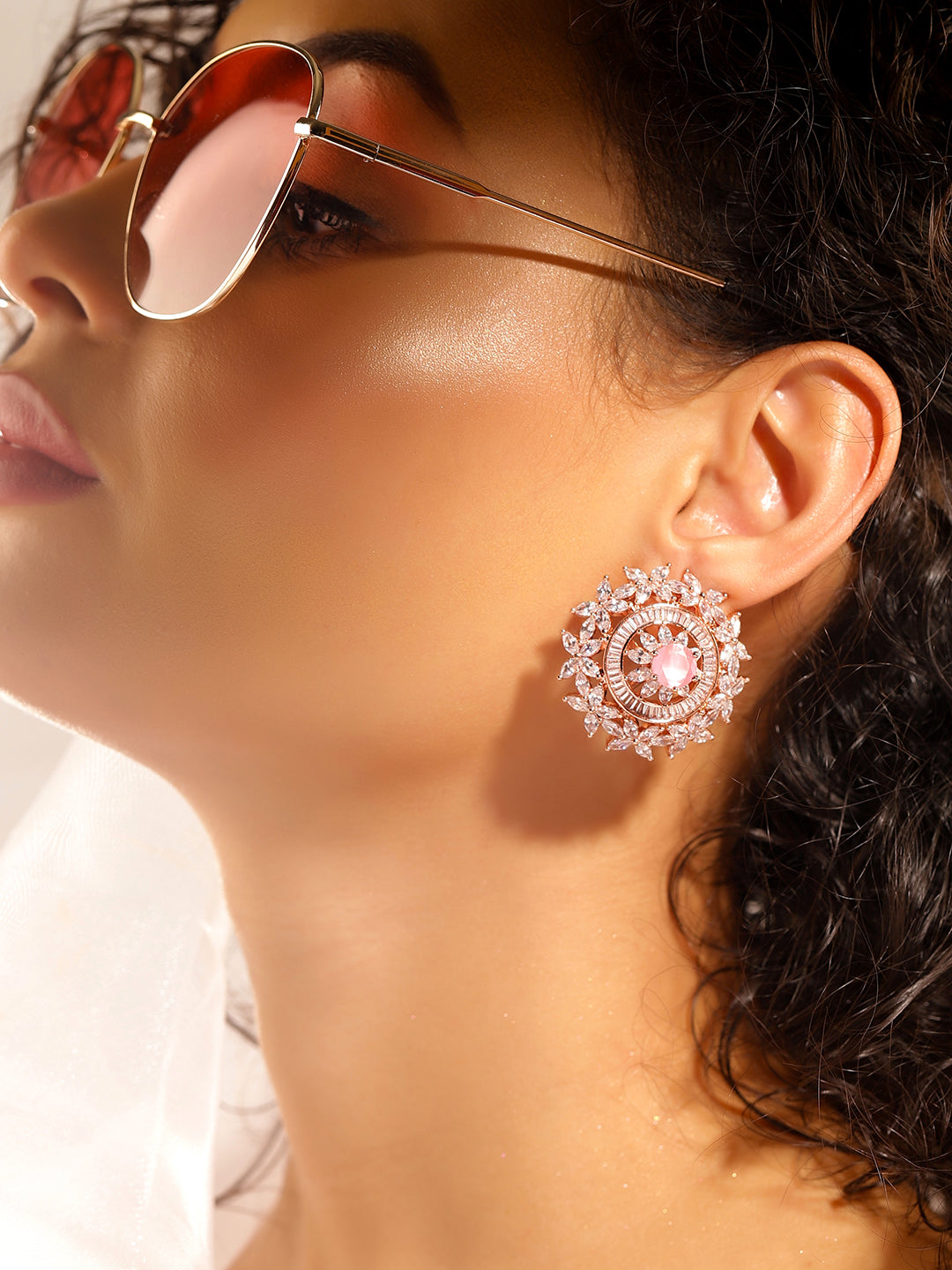 Pink Colour Gold Plated AD Studs Earring