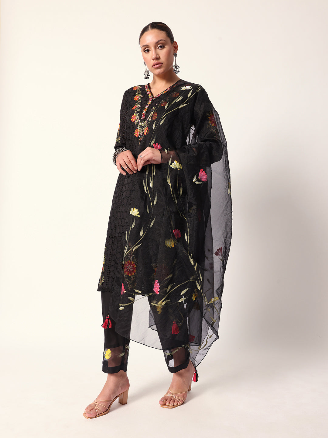 Graceful Black cotton shiffly floral embroidery straight fit kurta set with dupatta