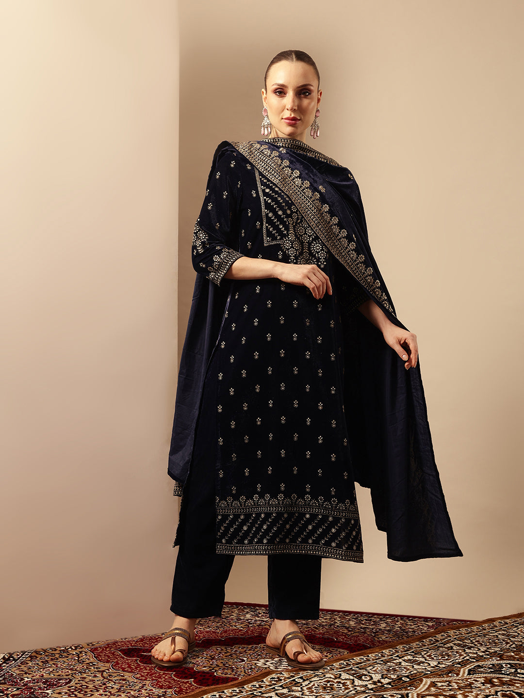Rich Navy  Velvet Gold Print Straight Kurta sets with dupatta