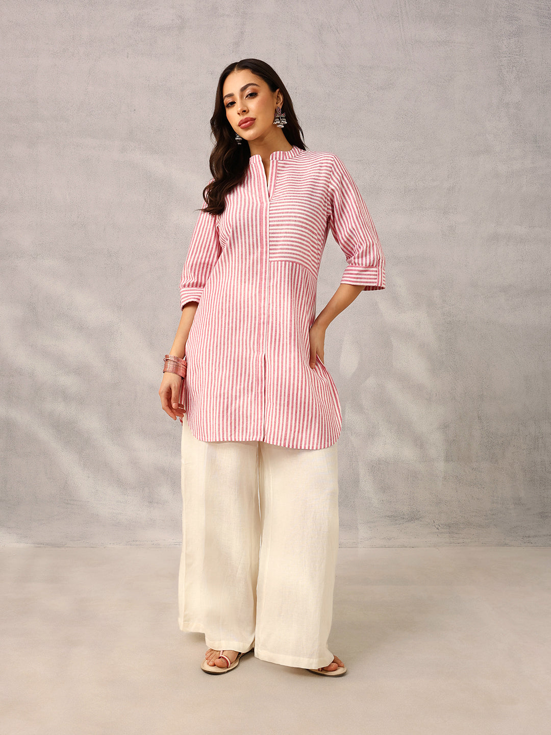 Pink and White Yarn Dyed Stripe Tailored Workwear Kurta
