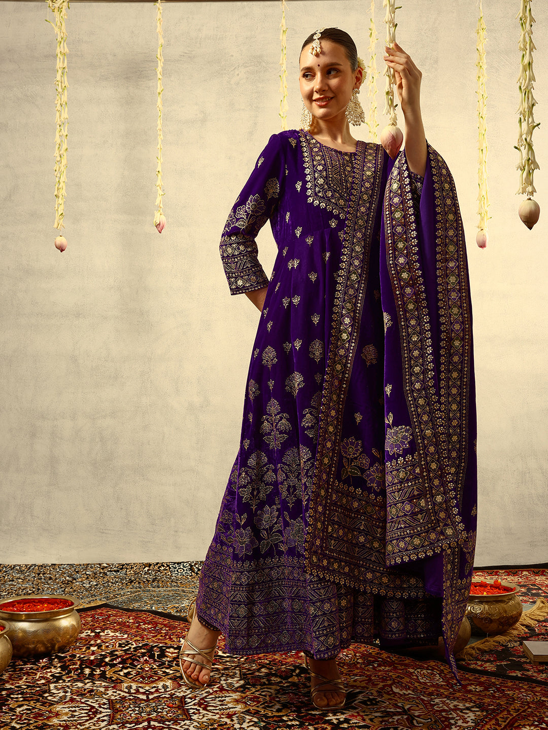 Ishin Purple Gold Printed Anarkali Festive Kurta with Trouser & Velvet Dupatta