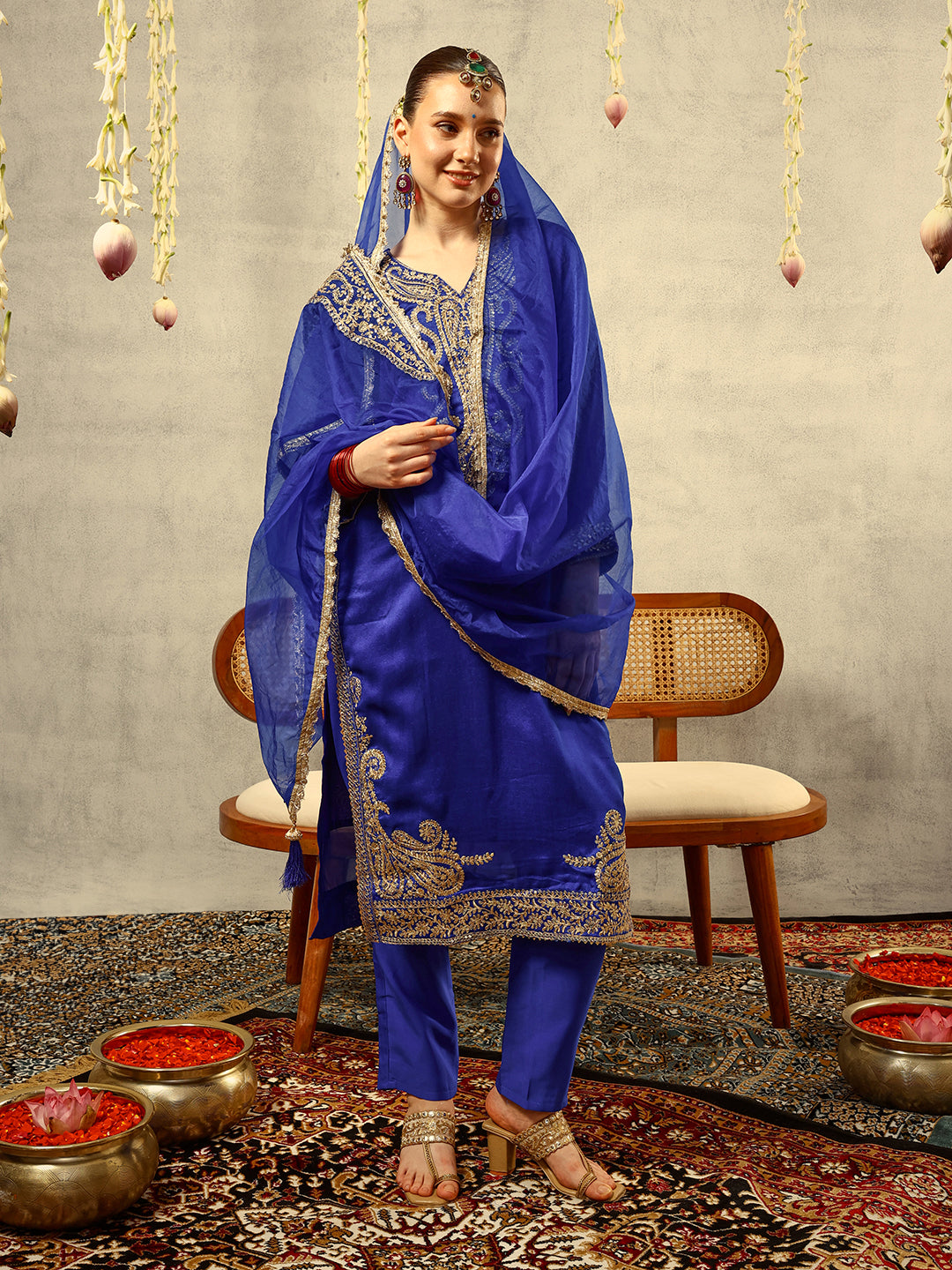 Ishin Royal Blue Cording & Zari Embroidered  Festive Kurta with Trouser & Organza Dupatta