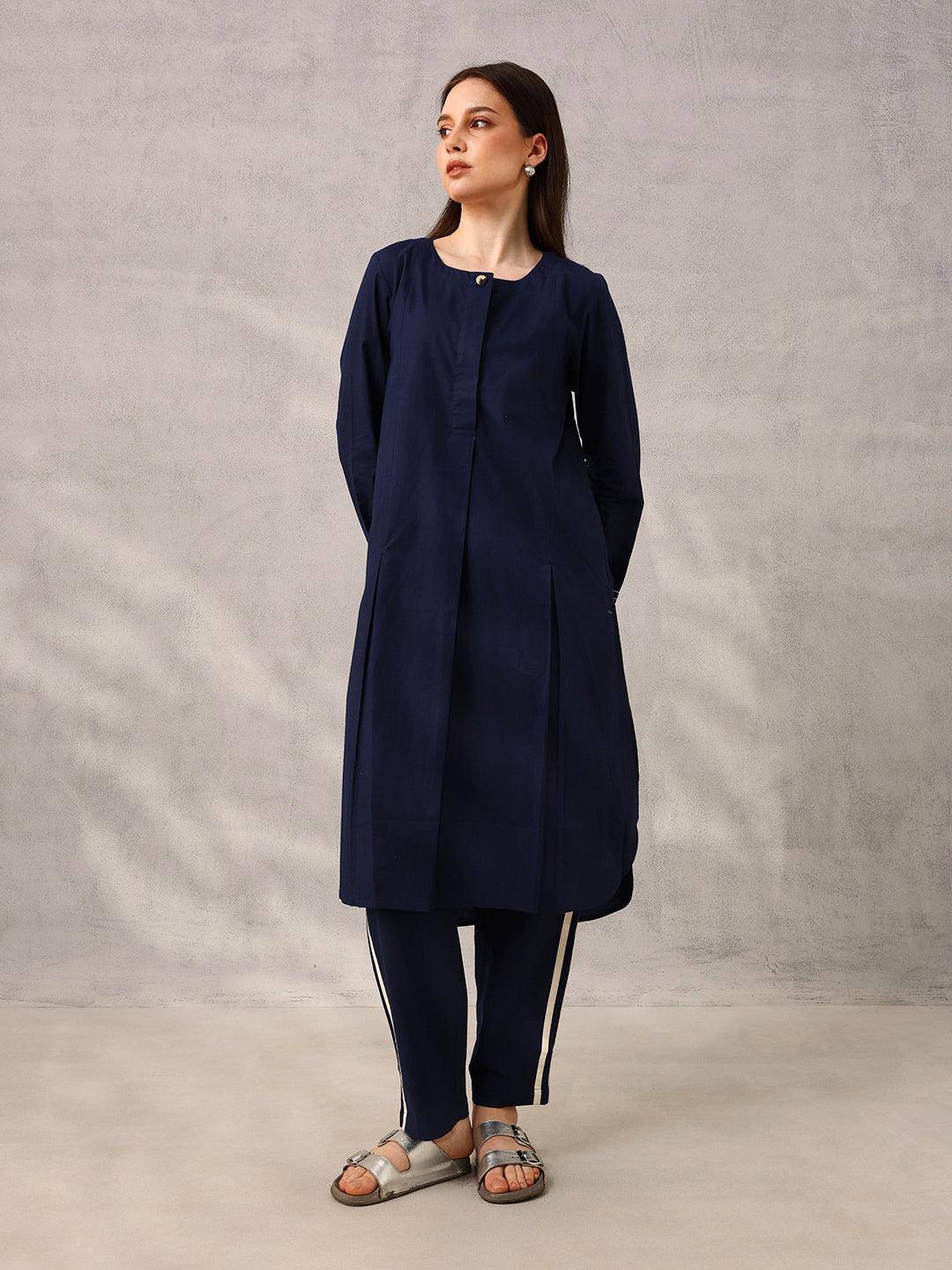Navy Workwear  Tailored Solid Kurta with Trouser
