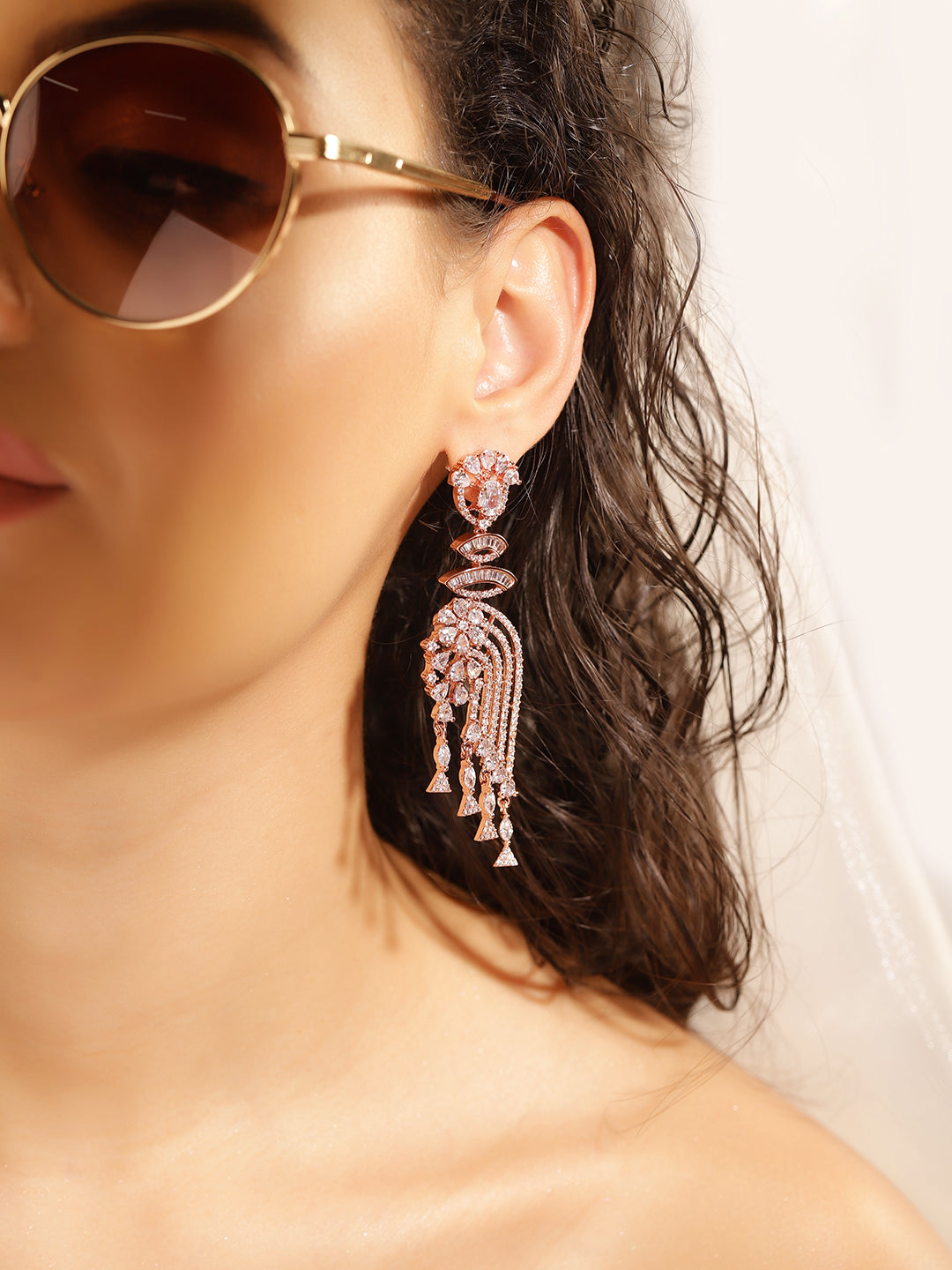 White Colour Rose Gold Plated AD Drop Earring