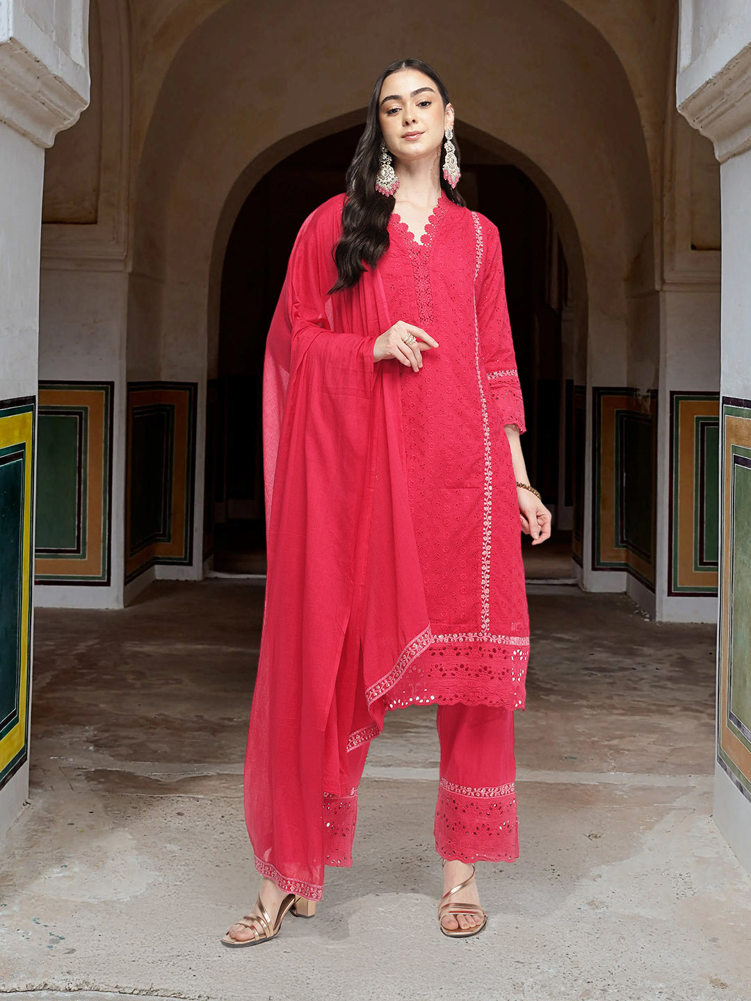 Graceful Pink  Cotton Schiffli Straight Fit Kurta Set and with lace detailed dupatta