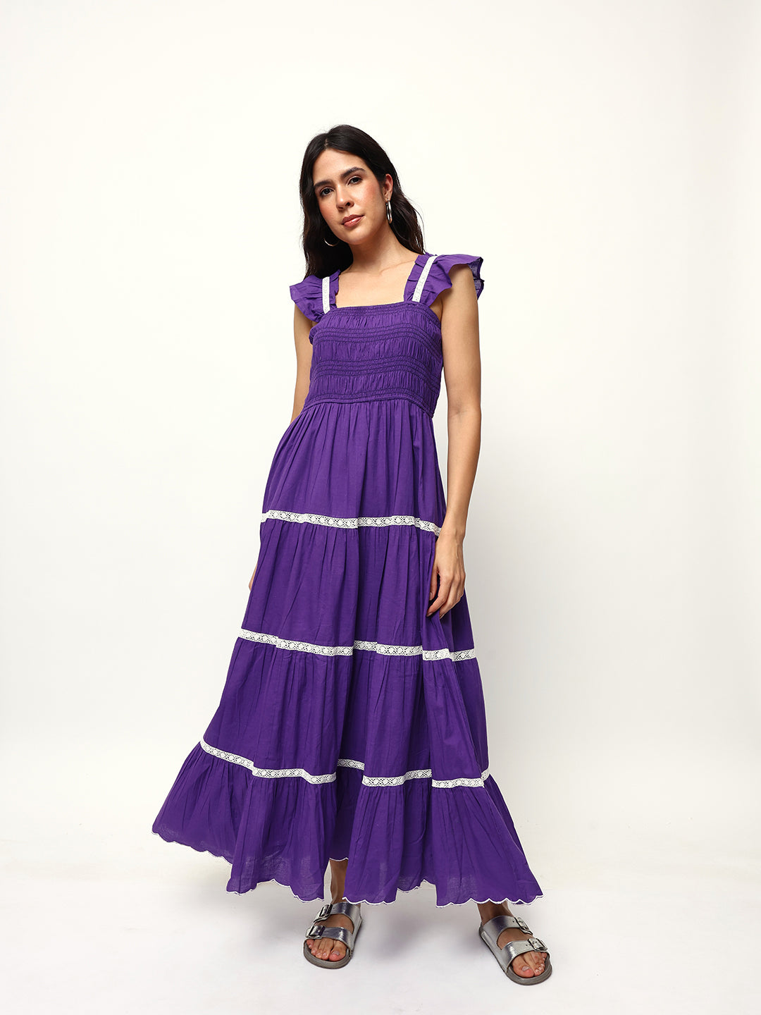 slim fit dress slacks Lilac Double Ruffle Sleeve Textured Mini Dress – Square Neck Fit & Flare S main image 0