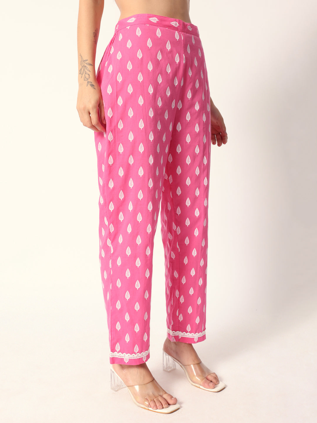 Comfy Pink cotton motif printed Aline fit kurta set with dupatta and tote bag