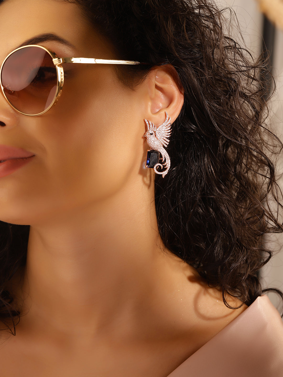 Bue Colour Rose Gold Plated AD Drop Earring