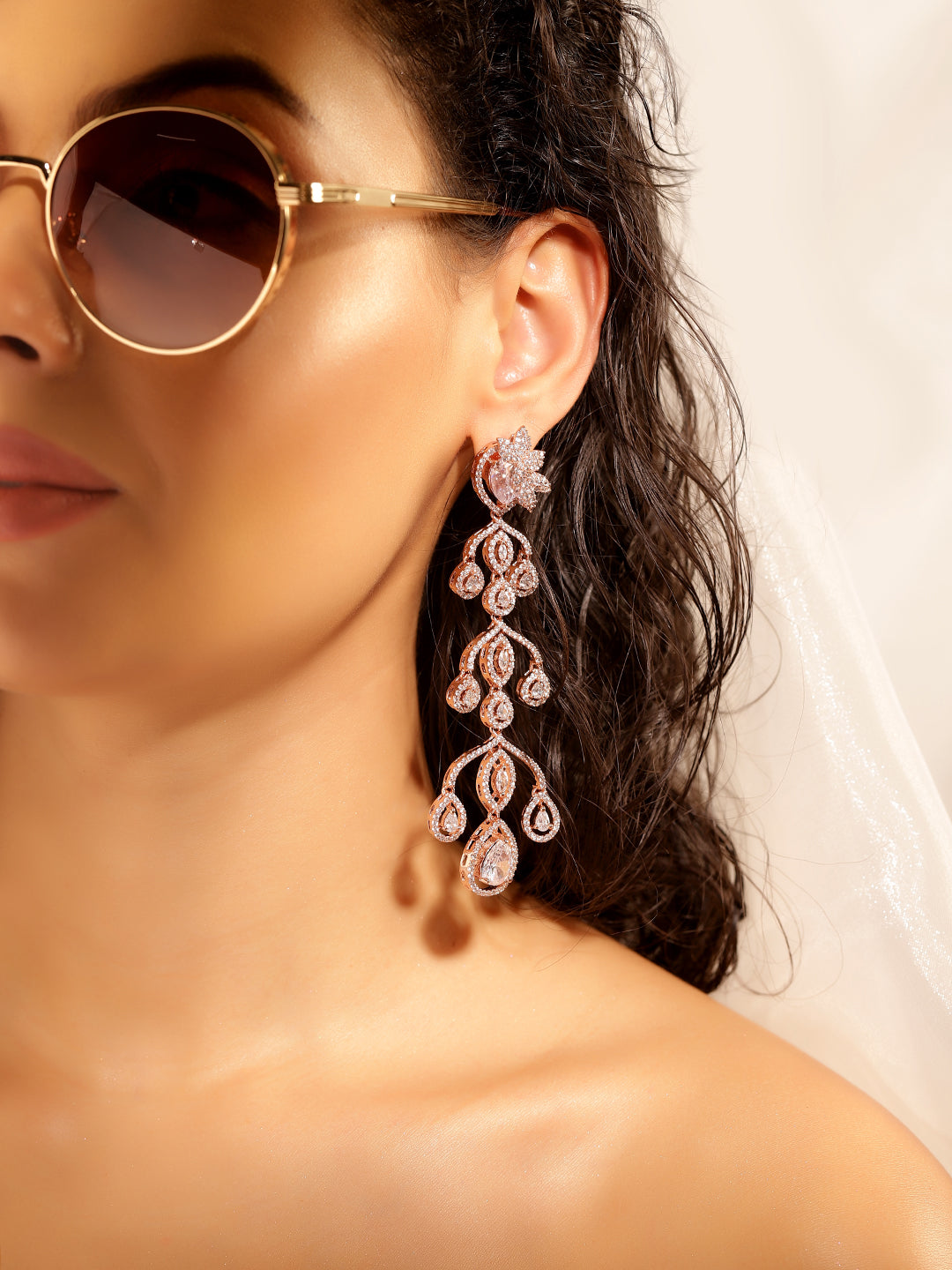 White Colour Rose Gold Plated AD Drop Earring