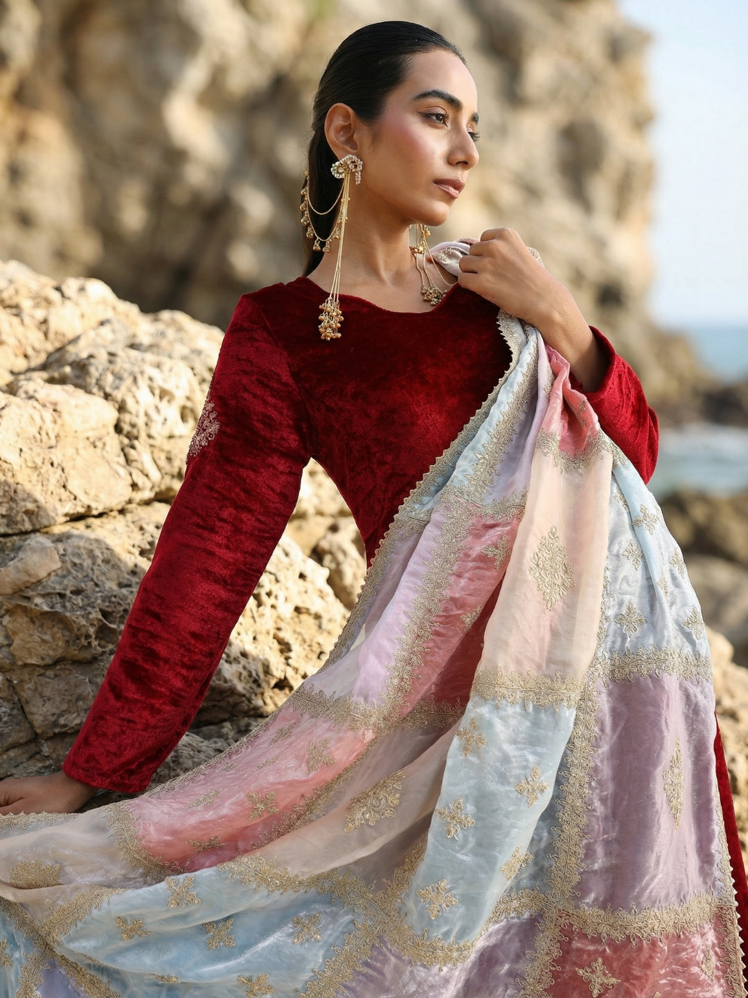 Rich Maroon Organza Patchwork Embroidered Anarkali Kurta Set