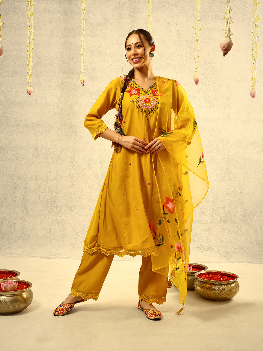 Mustard Mirror & Thread Embroidered  Festive Kurta with Trouser & Hand Painted Dupatta