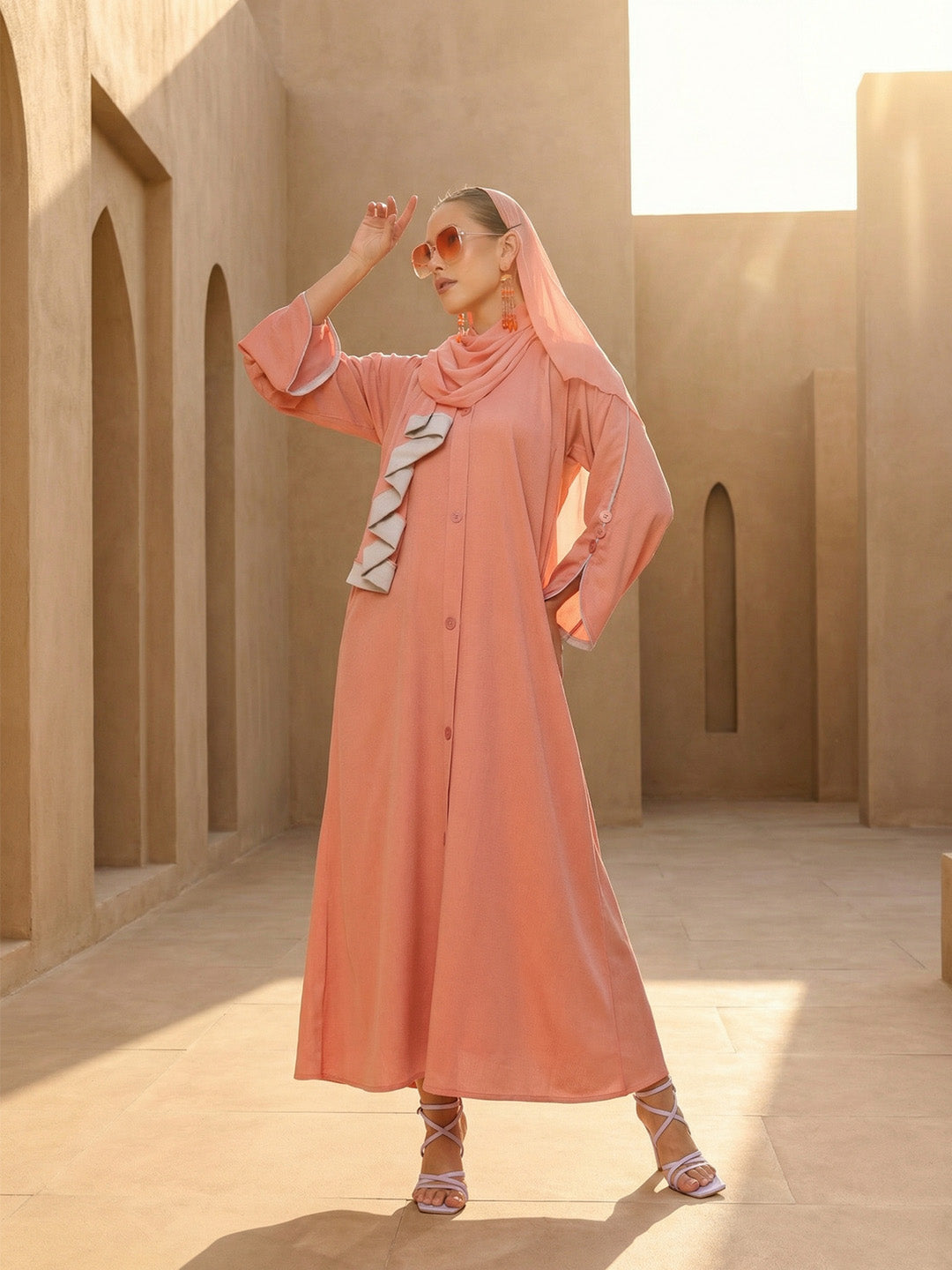 Rich Peach Relaxed Abaya With Hijab